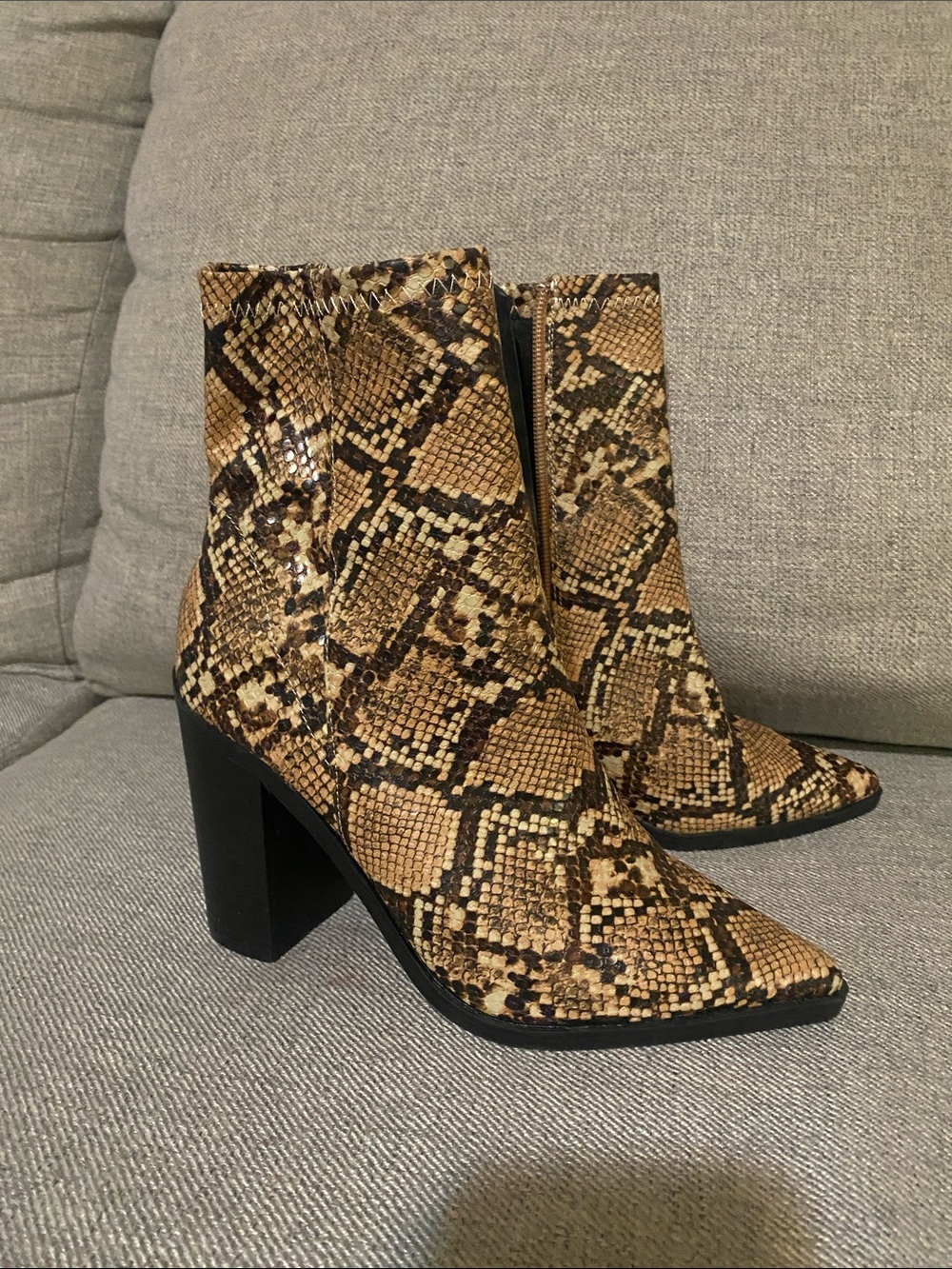 So Me Snake-Print Pointed Ankle Boots in Brown and Black
